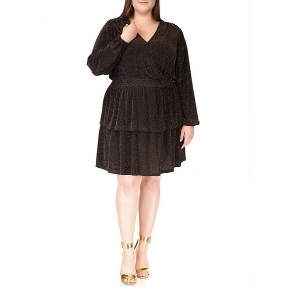NWT MICHAEL Michael Kors Metallic Jersey Long Sleeve Smocked Waist Mini Dress 2X - Picture 1 of 2